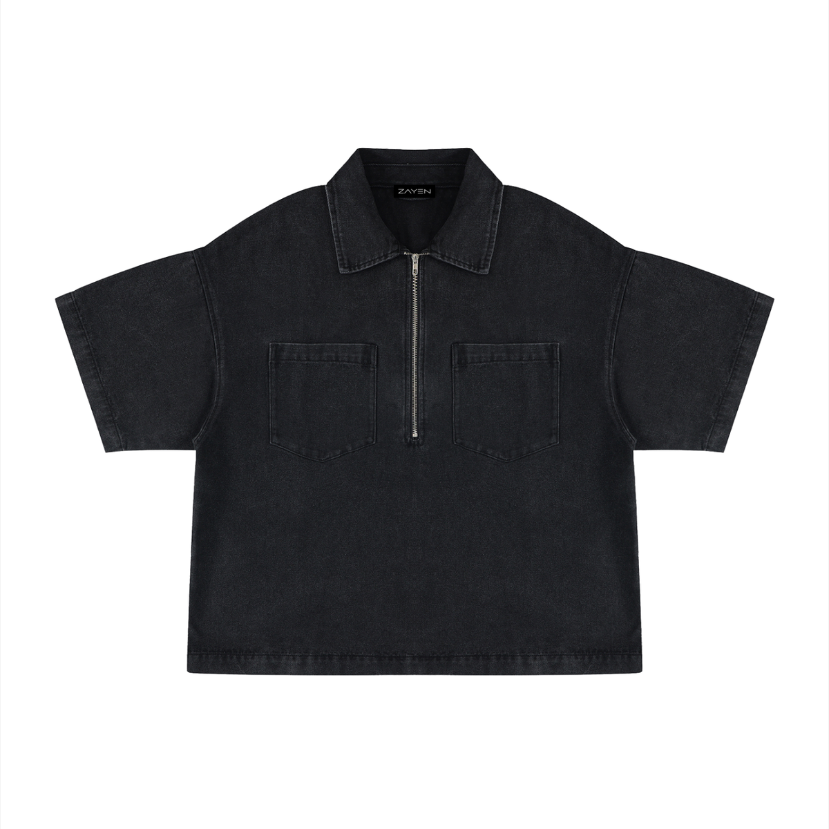 Unisex Vintage Wash Boxy Quarter-Zip Denim Shirt