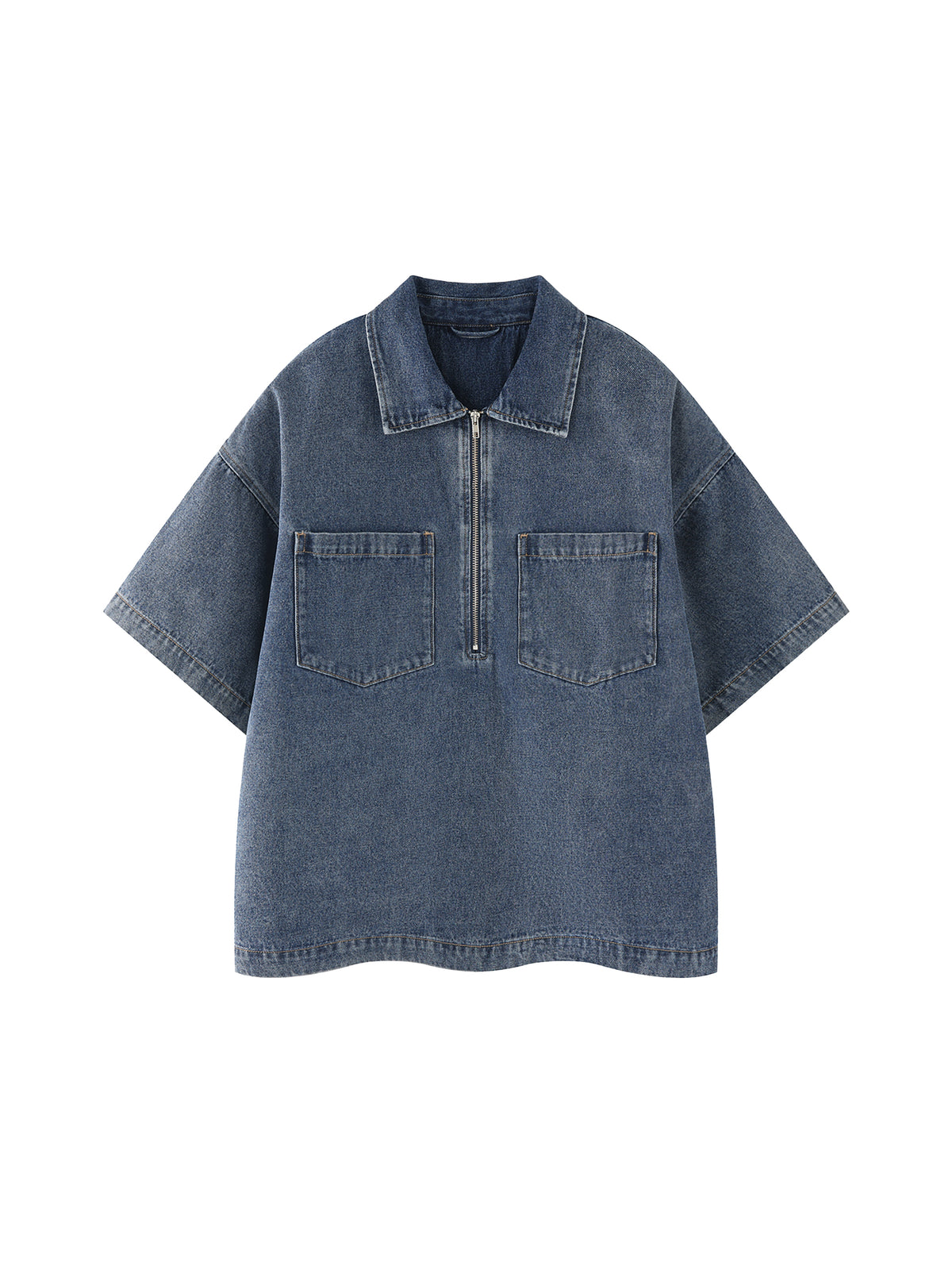 Unisex Vintage Wash Boxy Quarter-Zip Denim Shirt